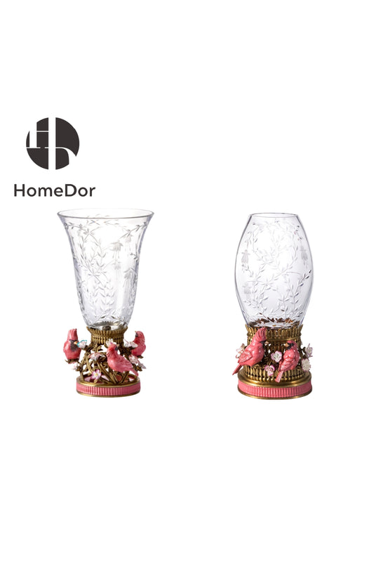 HomeDor-HomeDor × FH&Home | Prague Collection Crystal Glass Vase Set with Etched Patterns and Porcelain Birds-Style A: L20cm × W19cm × H45cm-