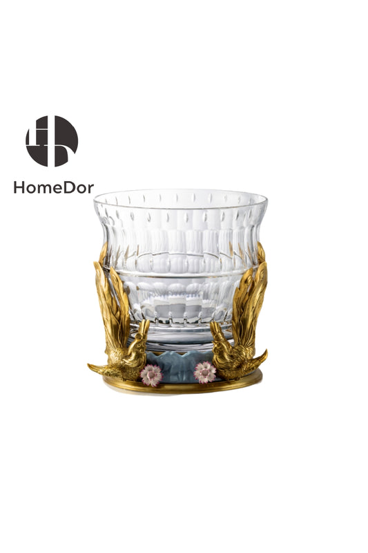HomeDor-HomeDor × FH&Home | Prague Collection Crystal Glass Fruit Platter with Brass Peacock-Vases & Vessels-L35cm × W35cm × H32cm-
