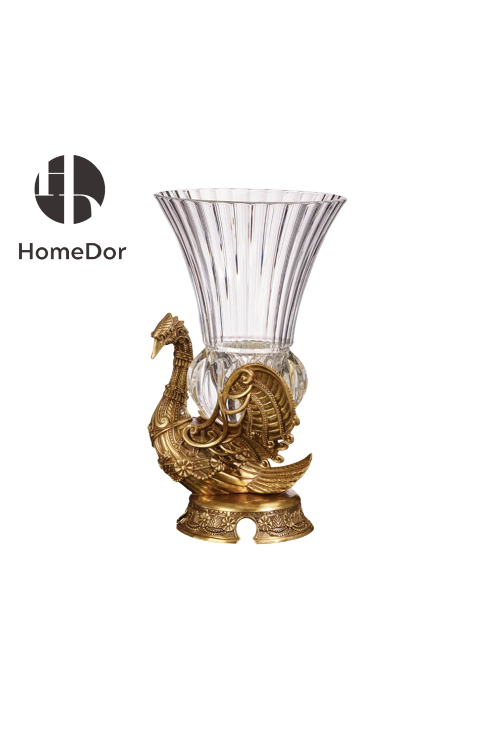 HomeDor-HomeDor × FH&Home | Sophisticated Fluted Crystal Glass Vase with Brass Peacock Base-L22cm × W22cm × H37cm-