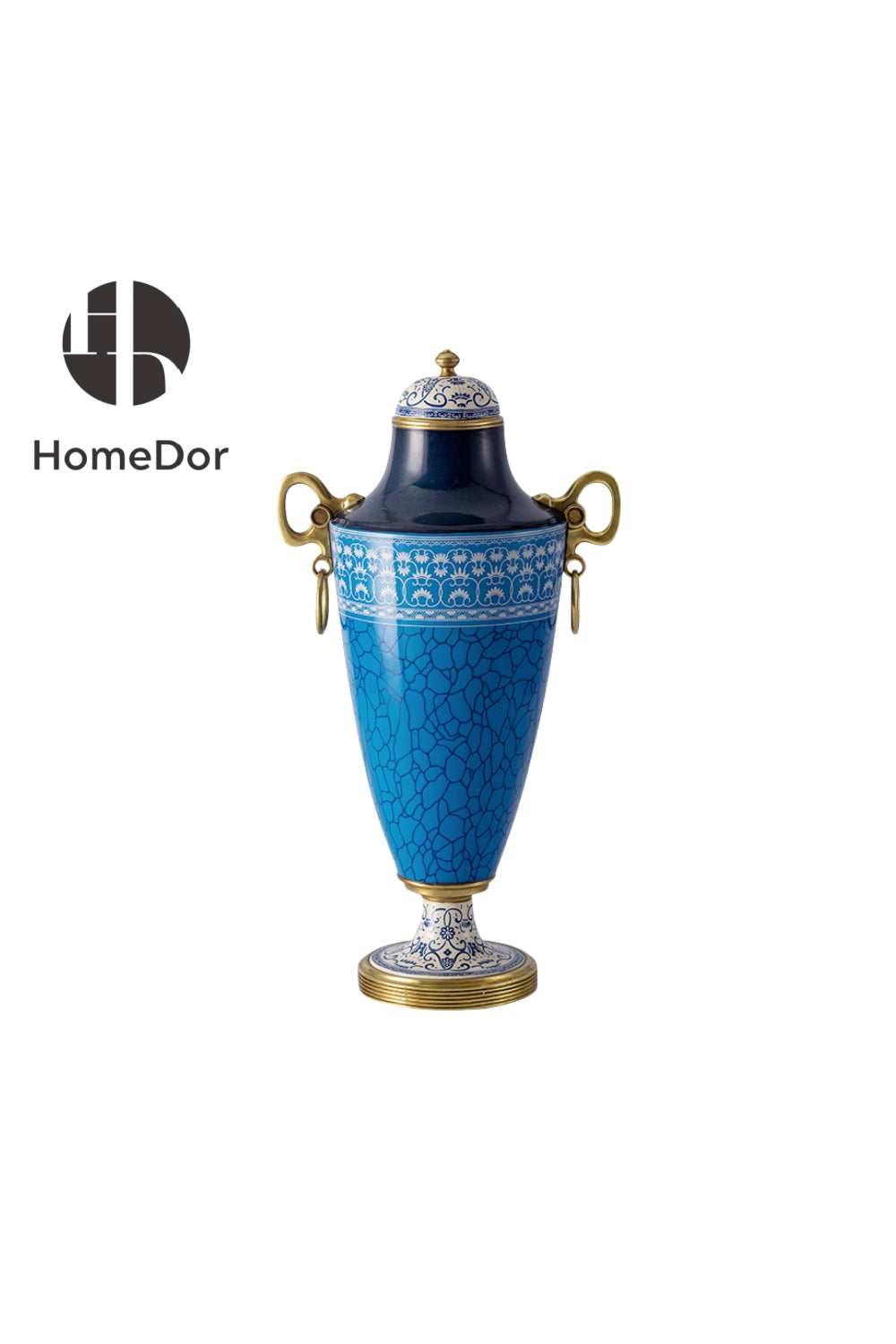 HomeDor-HomeDor × FH&Home | Ceramic Urn with Lid with Brass Handles & Intricate Geometric Patterns-Cobalt Blue/L25cm × W18cm × H44cm-