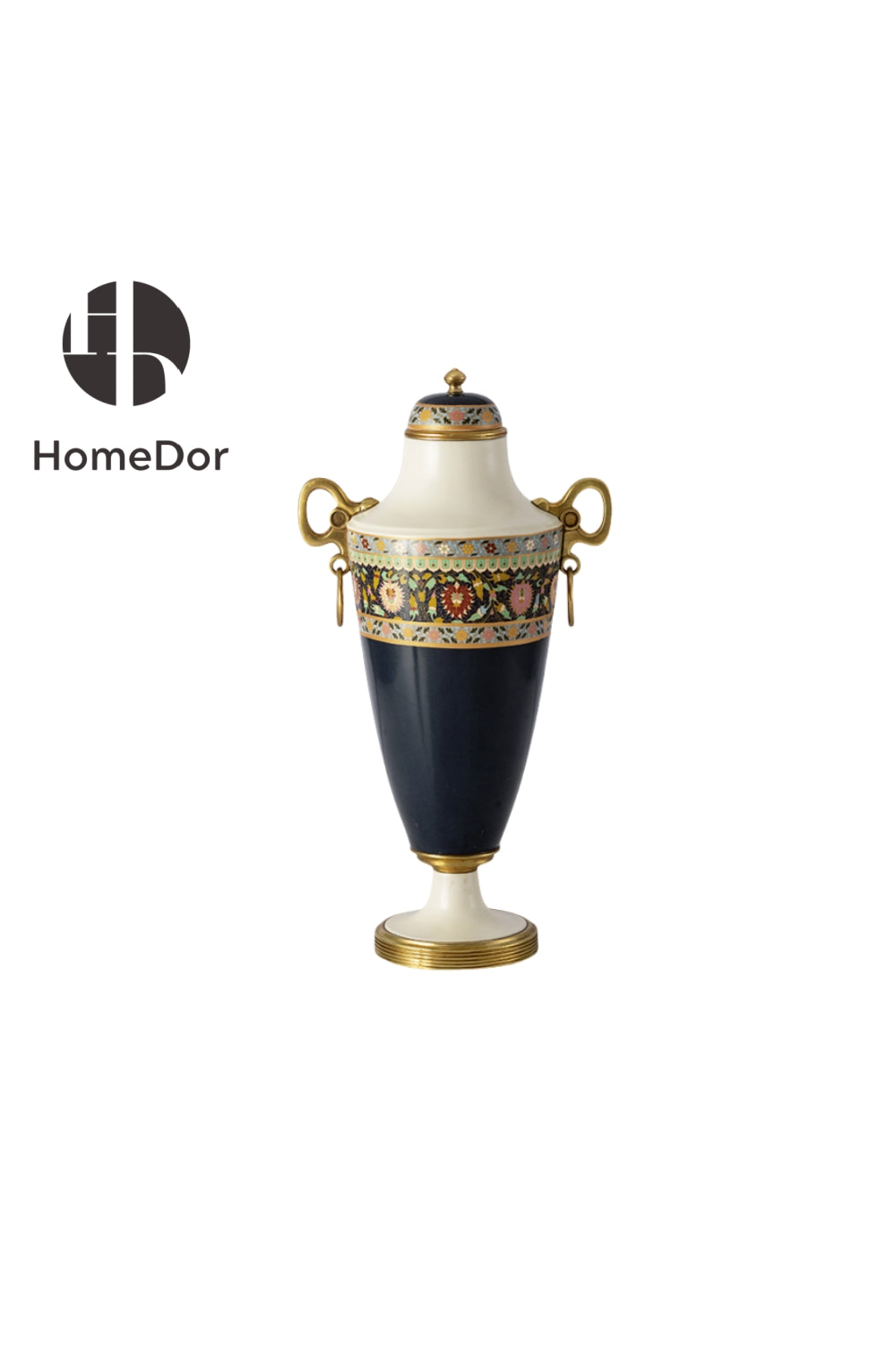 HomeDor-HomeDor × FH&Home | Ceramic Urn with Lid with Brass Handles & Intricate Geometric Patterns-Navy Blue/L25cm × W18cm × H44cm-