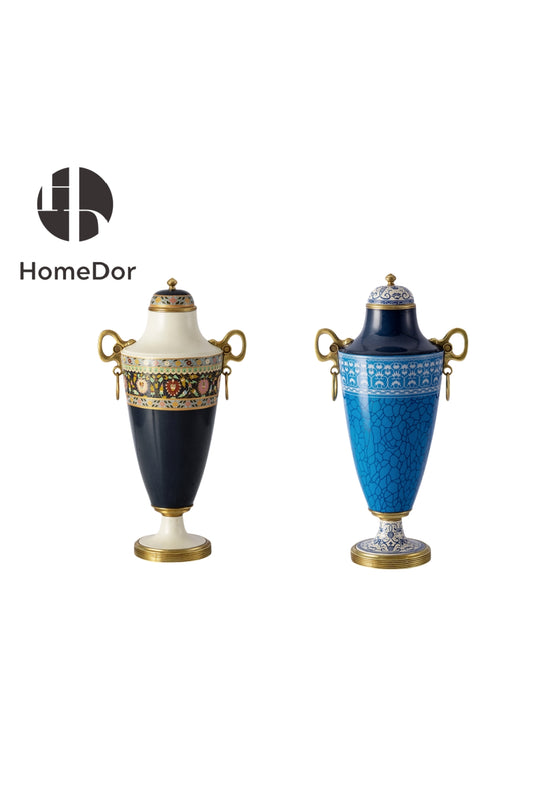 HomeDor-HomeDor × FH&Home | Ceramic Urn with Lid with Brass Handles & Intricate Geometric Patterns-Navy Blue/L25cm × W18cm × H44cm-