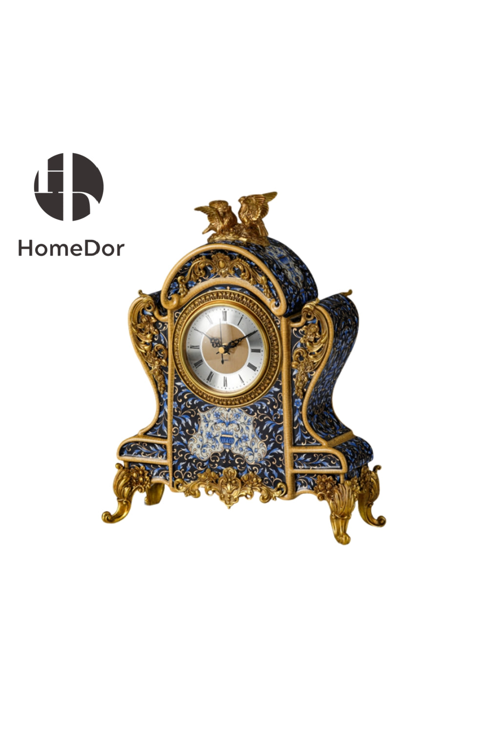 HomeDor-HomeDor × FH&Home | Elegant Enamel-Finished Clock with Brass Carvings and Bird Topping-L29cm × W11cm × H36cm-