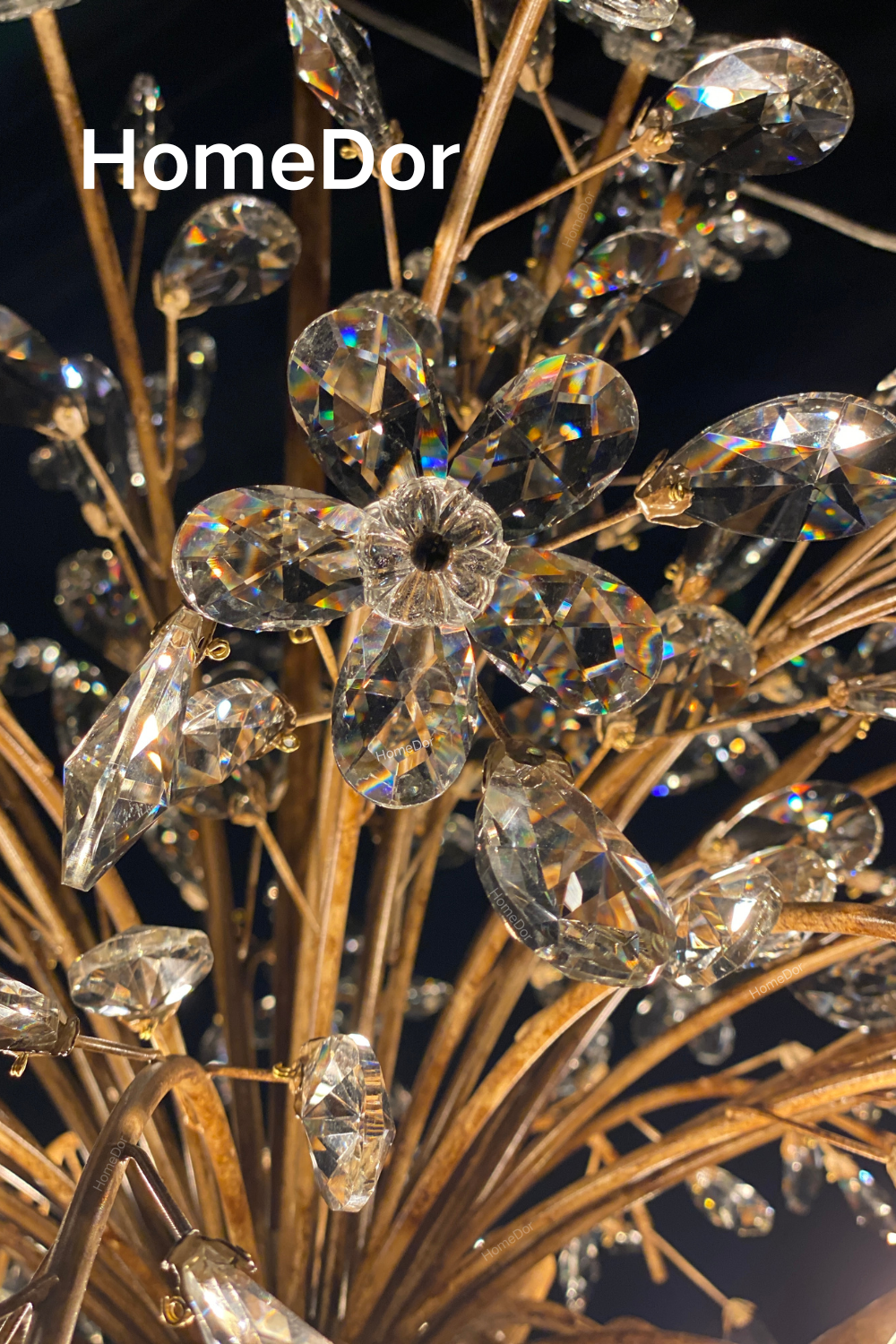 HomeDor-HomeDor Celestial Bloom Crystal Radiant Flower Branch Chandelier-Chandeliers-Antique Gold Bronze Finish-Globe shape/D89cm/47kg/8 bulbs-Warm Light