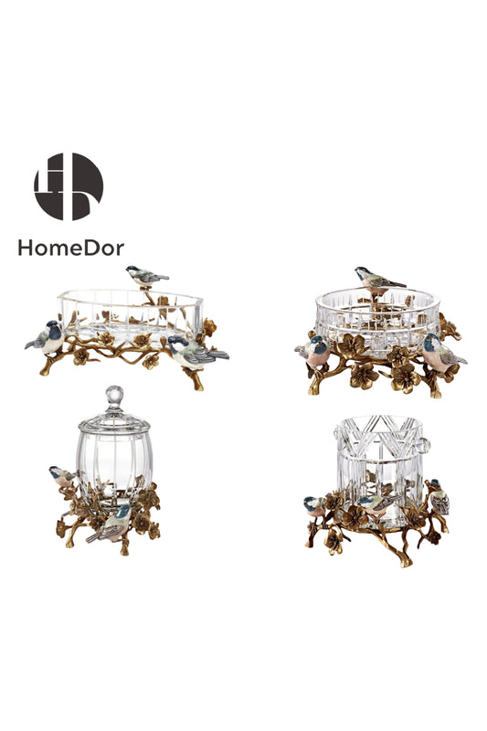HomeDor-HomeDor × FH&Home | Prague Collection Hummingbirds Crystal Glass Table Decor Set-Fruit Platter-The Whole Set-