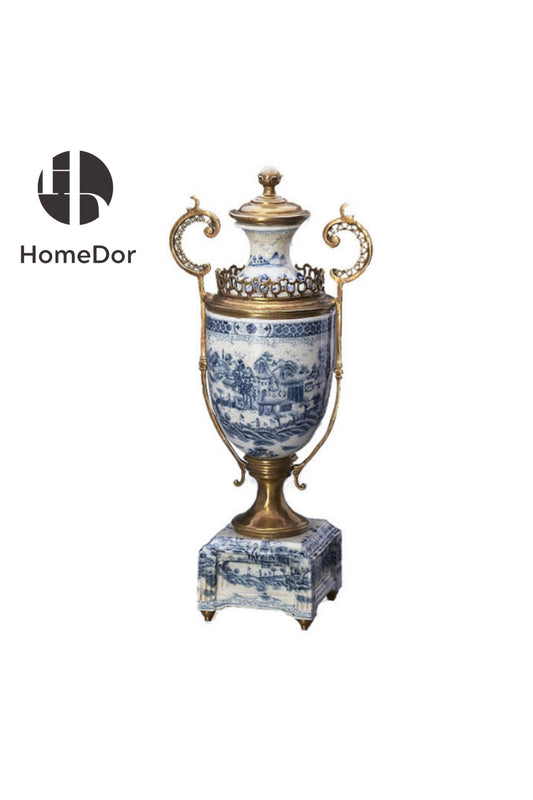 HomeDor-HomeDor × FH&Home | Blue-and-White Porcelain Trophy Table Decor-L20cm × W14cm × H46cm-