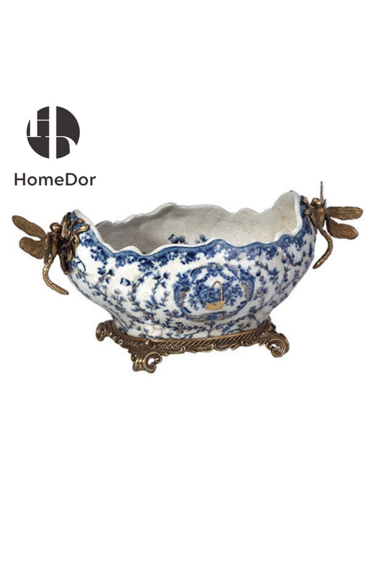 HomeDor-HomeDor × FH&Home | Exquisite Blue-and-White Porcelain Fruit Platter with Dragonfly Handles-Fruit Platter-L39cm × W24cm × H20cm-