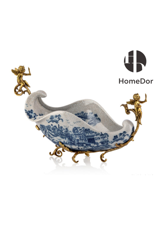 HomeDor-HomeDor × FH&Home | Exquisite Blue-and-White Porcelain Fruit Platter with Cherub Handles-L38cm × W16cm × H23cm-