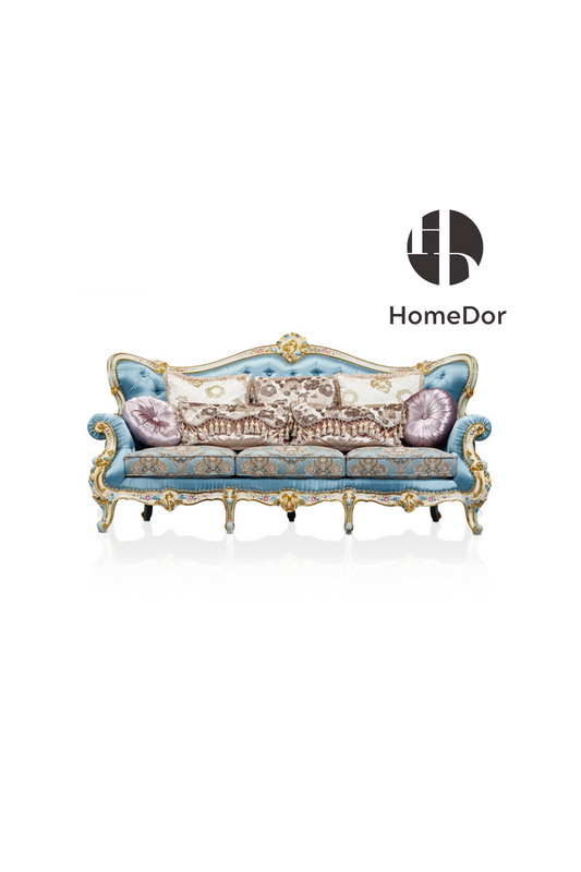 HomeDor-HomeDor × FH&Home | Floral Collection Corolla Carved Mahogany Silky Blue Sofa-Sofas-3 Seater/L230cm×W99cm×H117cm-