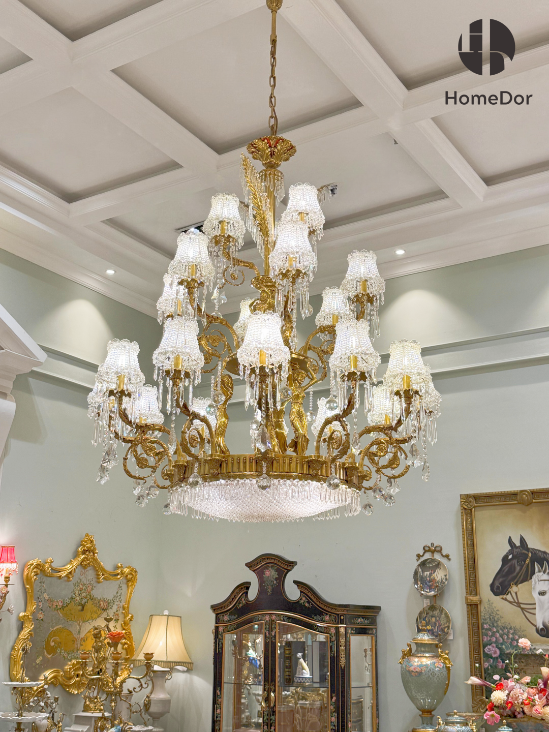 HomeDor-HomeDor × FH&Home | Exquisite Tree-Shaped Chandelier with Brass Frame and Waterfall Crystals-Chandeliers-D145 cm × H174 cm-Warm Light-