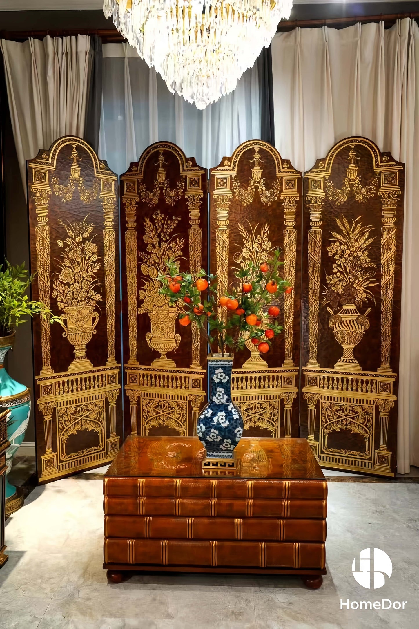 HomeDor-Luxury Brown and Gold Carved Room Divider with Floral Vase Elements-L61cm x H214cm x 4pcs-