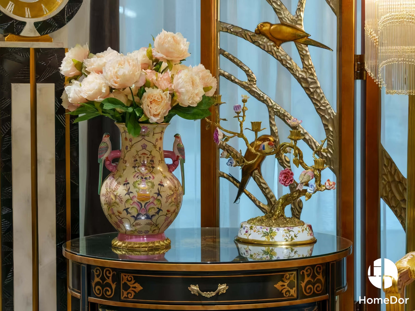 Luxury Floral Porcelain Vase with Colorful Bird Accents