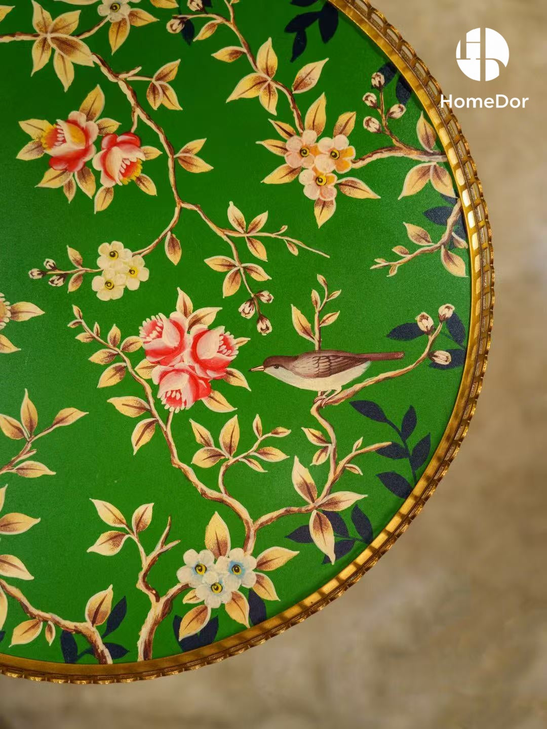 Vintage Style Green Round Tea/Coffee Table with Floral Patterns & Metal Accents