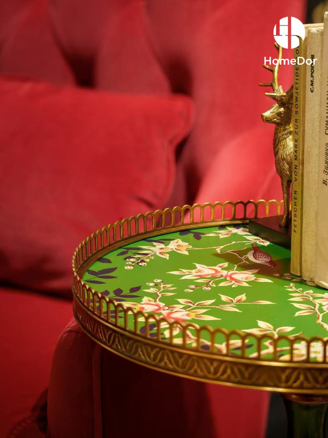 Vintage Style Green Round Tea/Coffee Table with Floral Patterns & Metal Accents