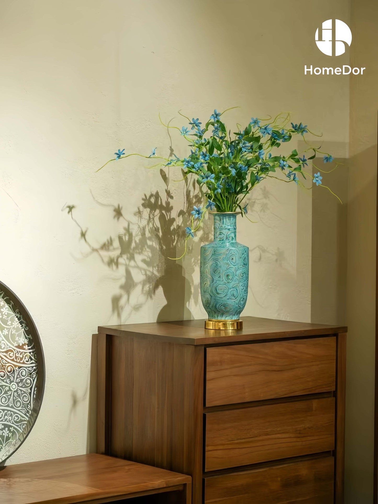 Turquoise Porcelain Vases with Distinctive Golden Swirl Patterns and Unique Brass Base & Rim