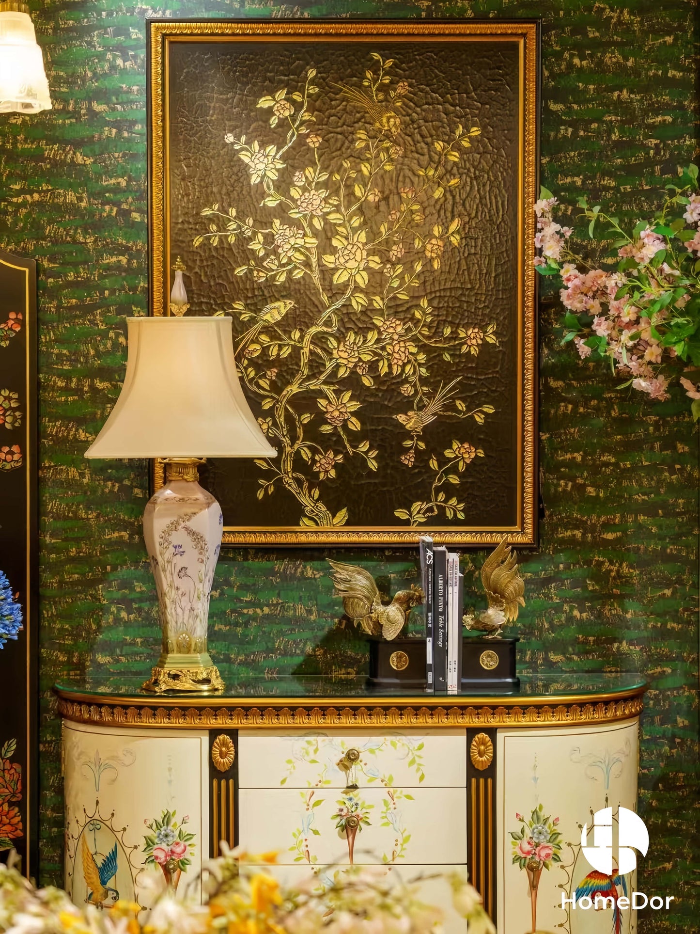 Elegant Black and Gold Floral & Bird Wall Decor with Ornate Frame