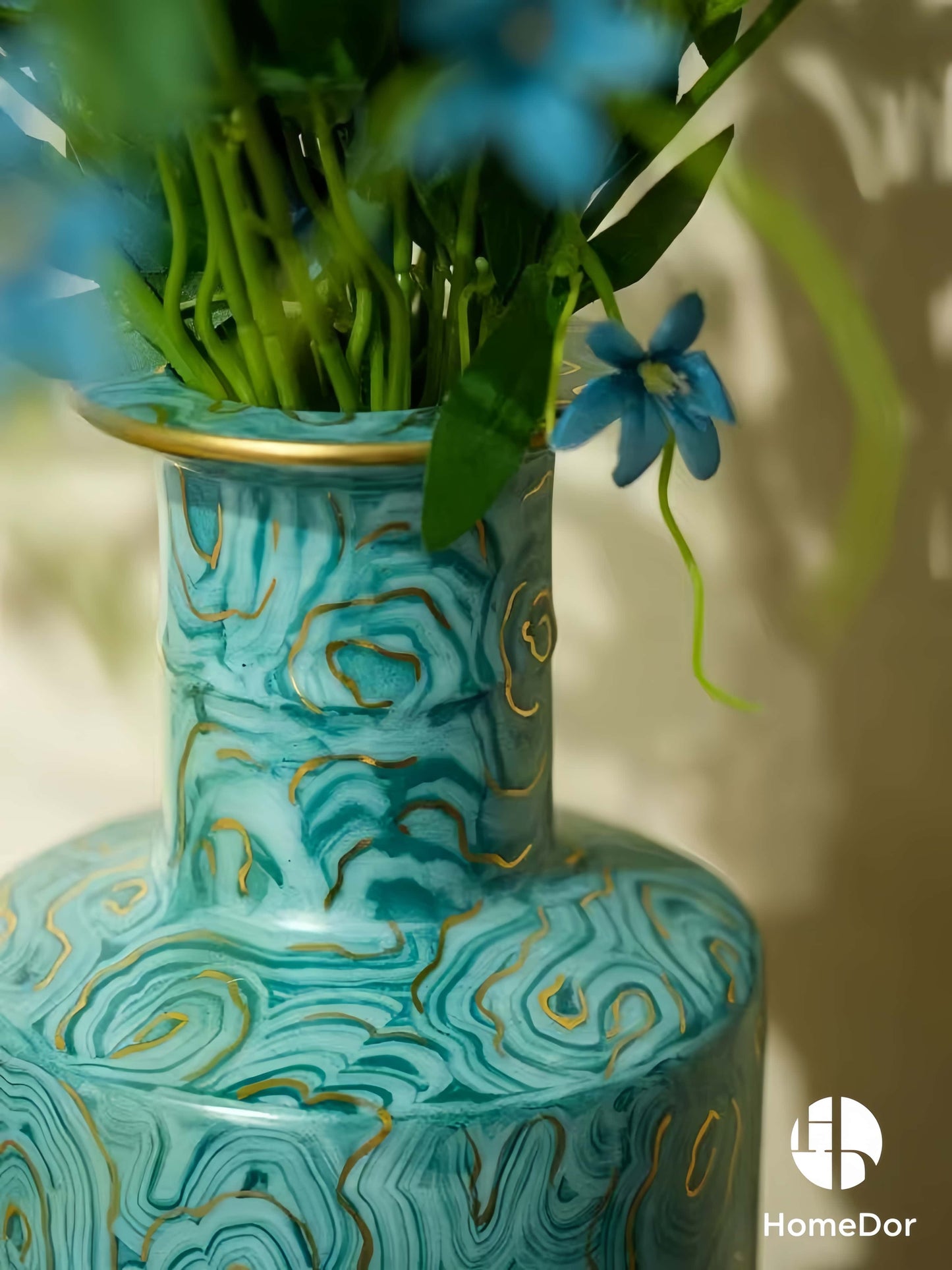 Turquoise Porcelain Vases with Distinctive Golden Swirl Patterns and Unique Brass Base & Rim