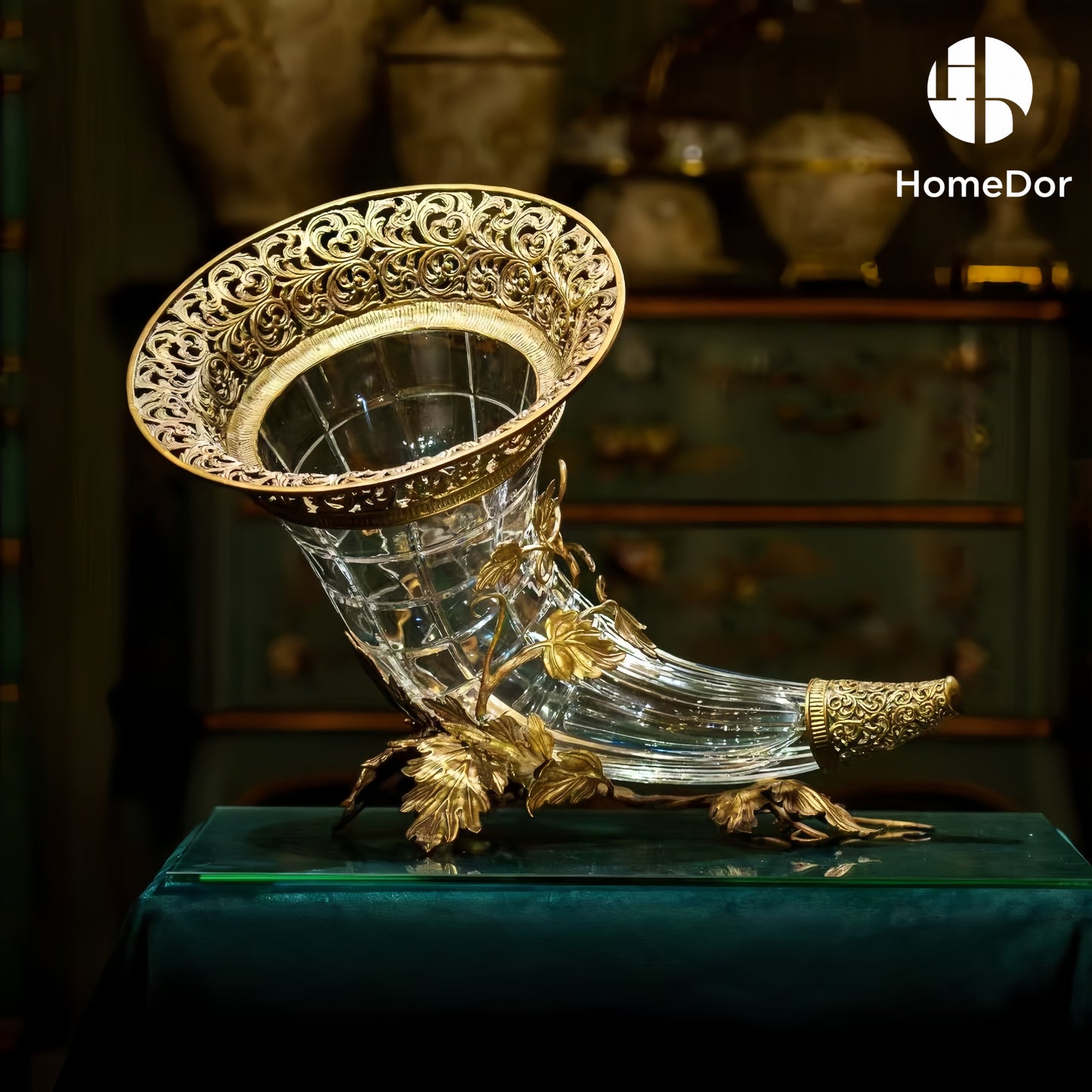 Crystal Glass Brass Cornucopia Table Decor