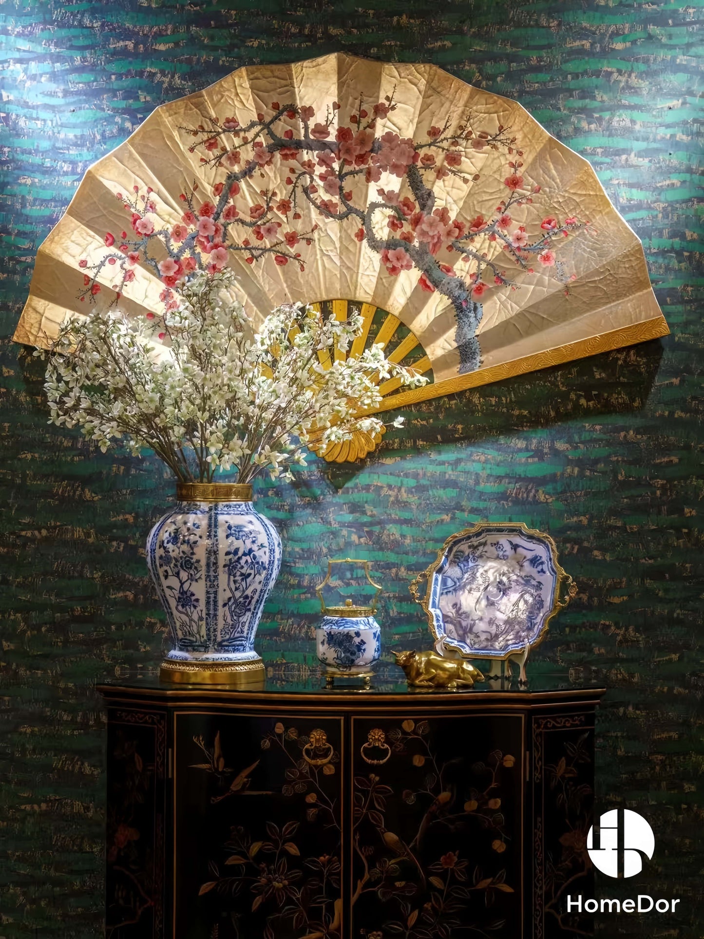 HomeDor-Oriental Inspired Wooden Fan Shaped Wall Decor with Plum Blossom Details-L152cm x H95cm-