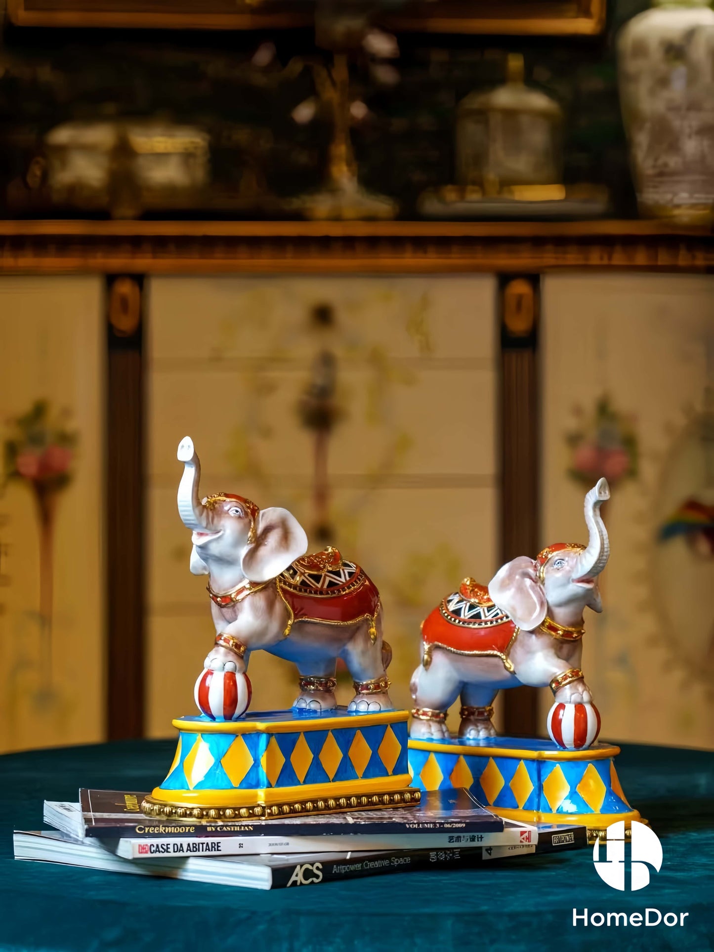 HomeDor-Vibrant Painted Ceramic Playful Elephant Bookends-Left Single: L20cm X W11cm X H26cm-