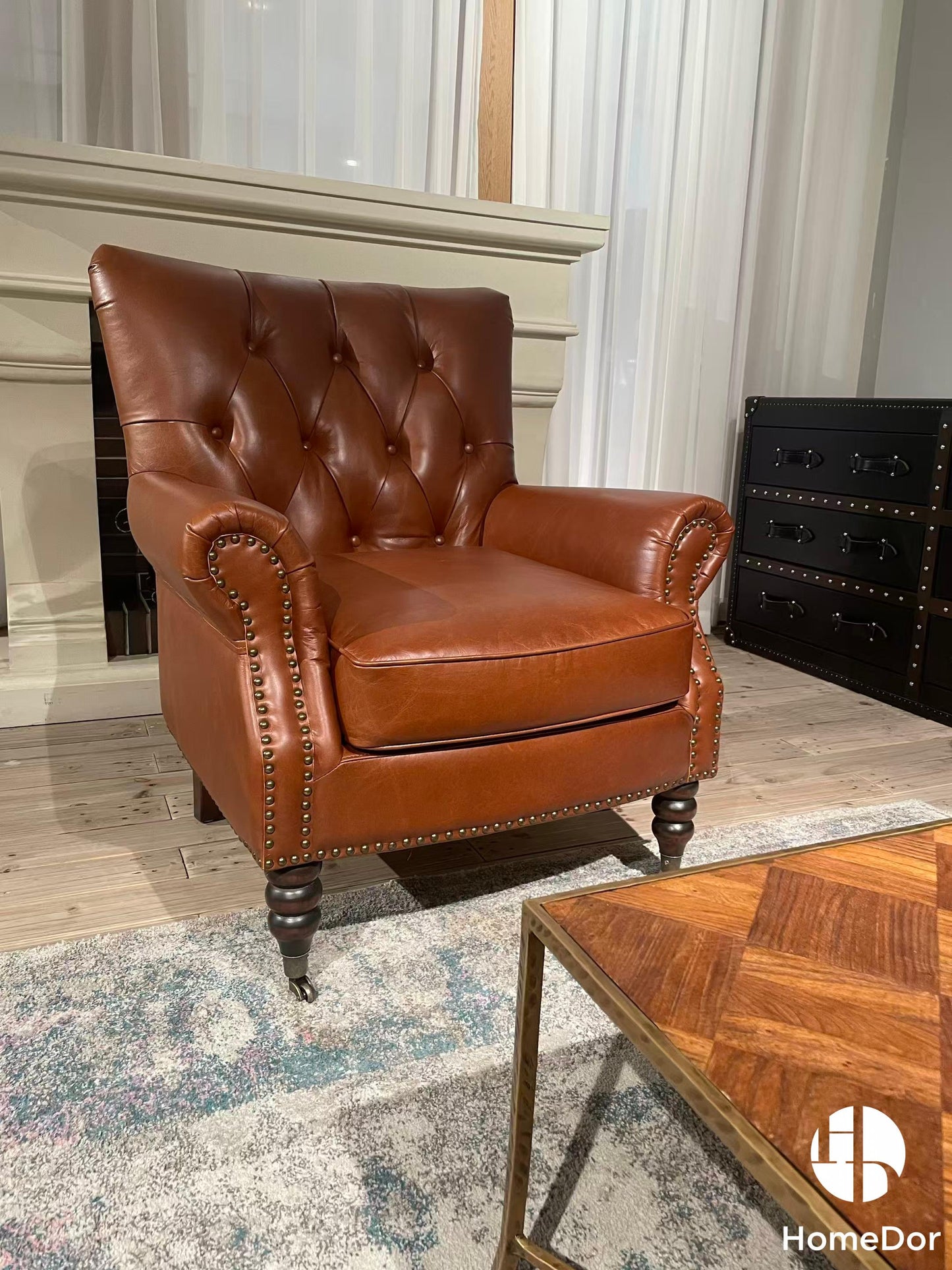 Vintage Brown Tufted Back Leather Armchair with Nailhead Accents and Casters