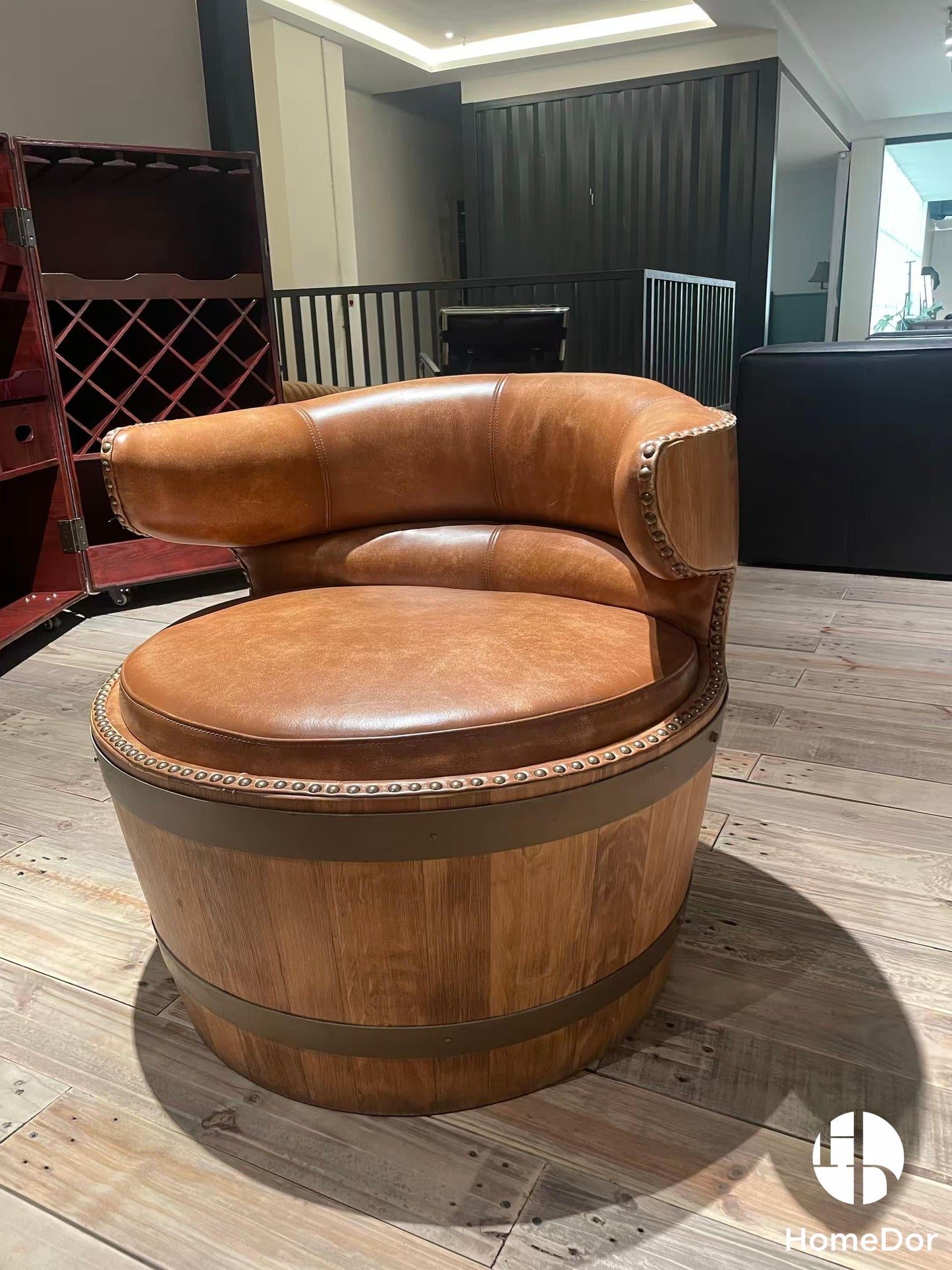 Unique Rustic Barrel Shape Leather Single Lounge Chair with Hand Crafted Wooden Base