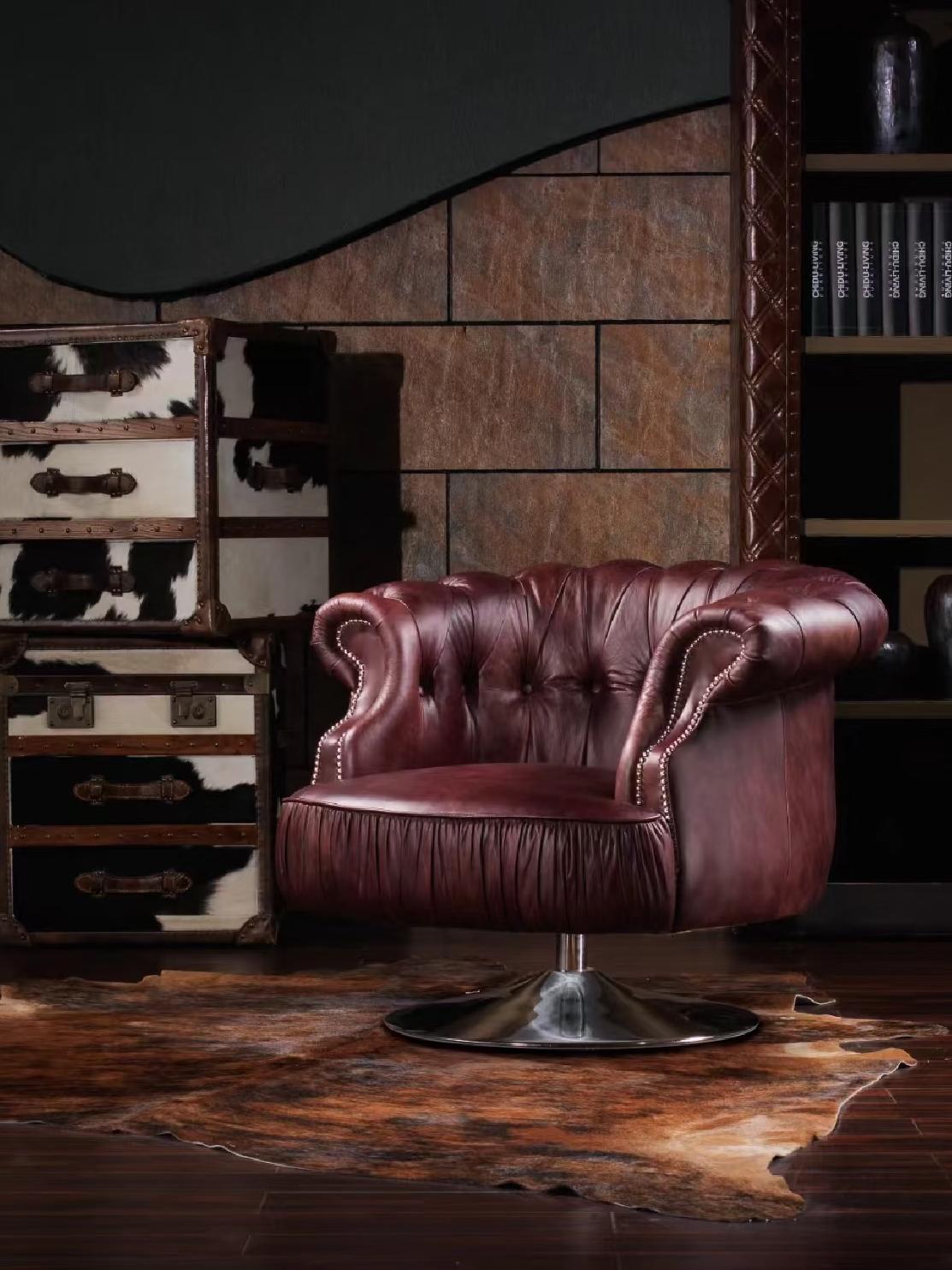 Mid-Century Vintage American Style Rotatable Genuine Leather Wingback Chair