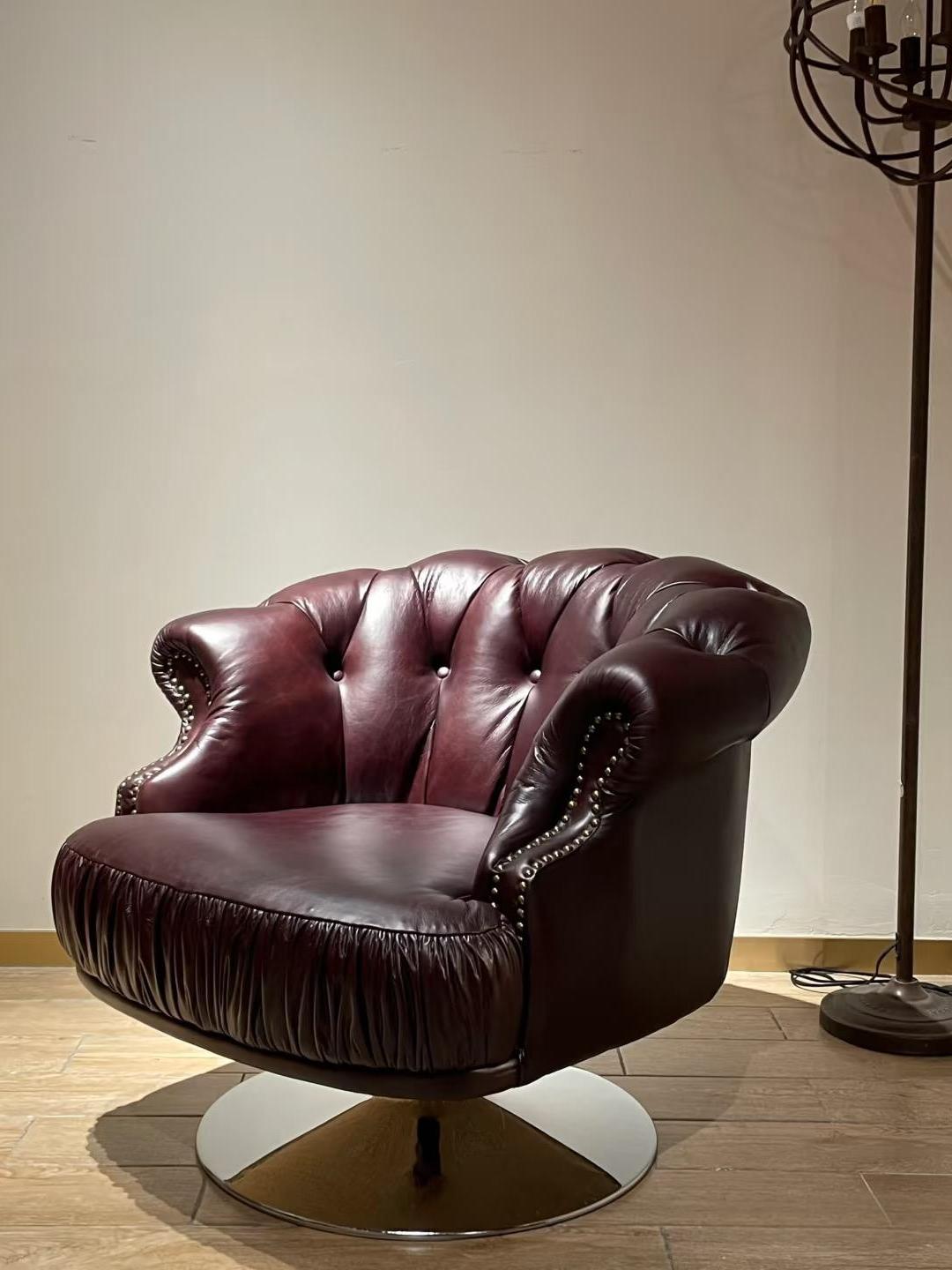 Mid-Century Vintage American Style Rotatable Genuine Leather Wingback Chair