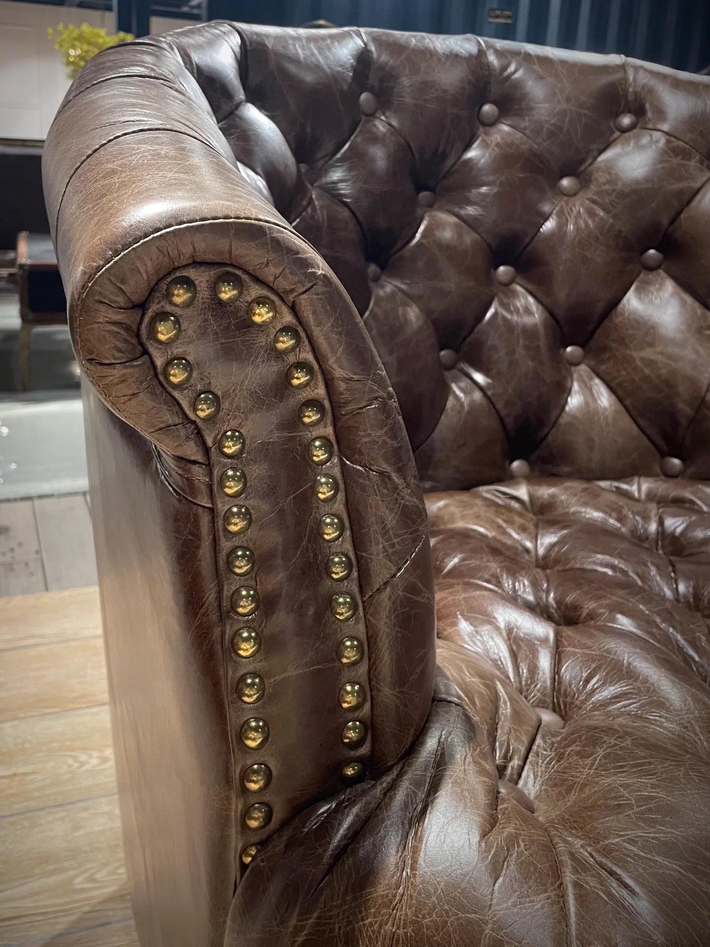 Vintage Semi Circular Wrapped Genuine Leather Chesterfield Barrel Sofa Chair