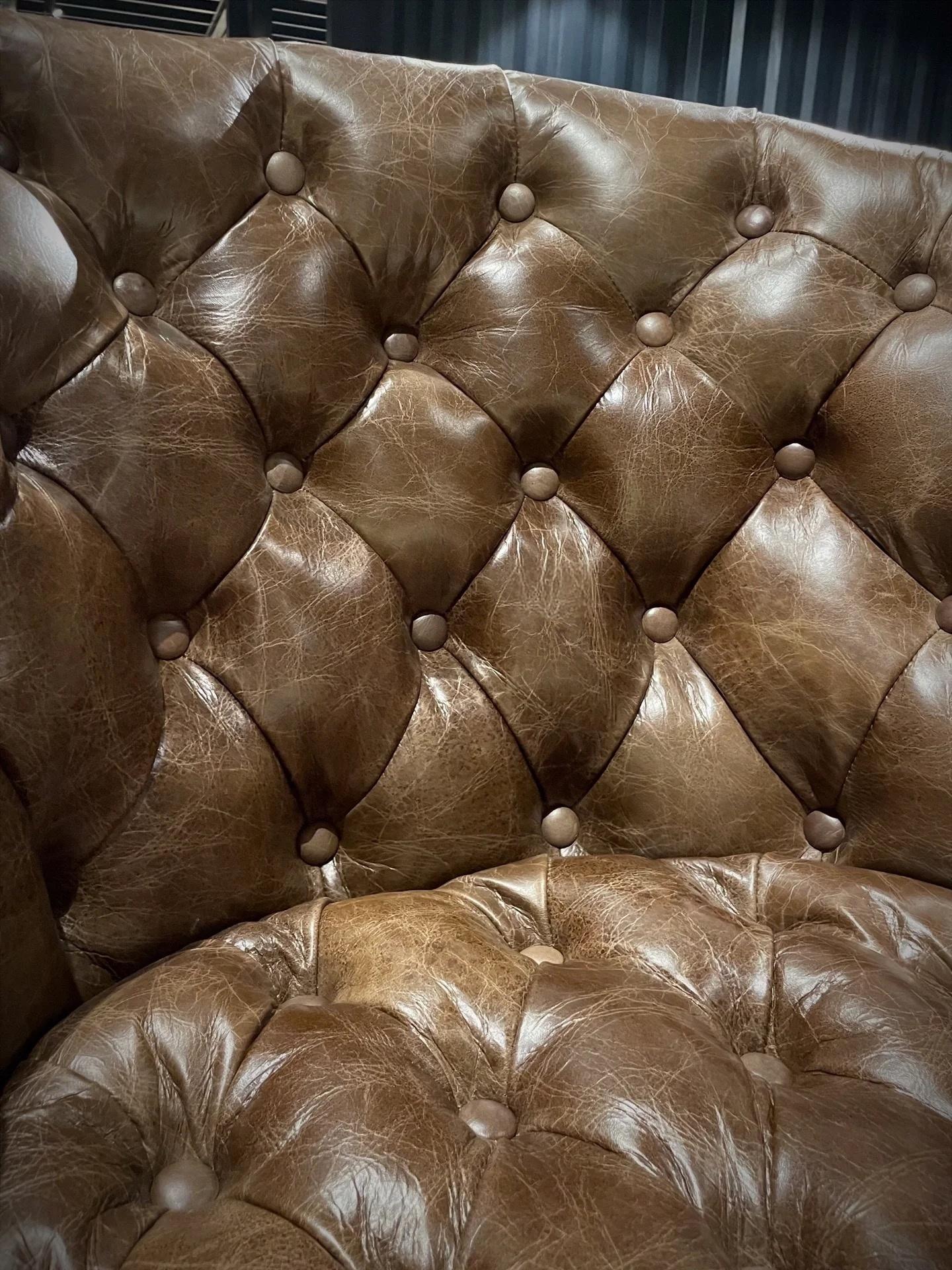 Vintage Semi Circular Wrapped Genuine Leather Chesterfield Barrel Sofa Chair