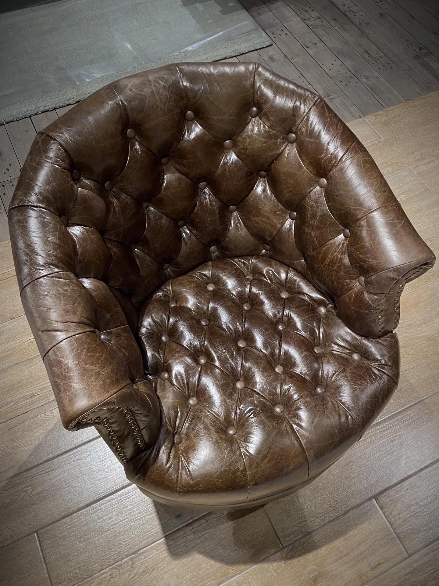 Vintage Semi Circular Wrapped Genuine Leather Chesterfield Barrel Sofa Chair