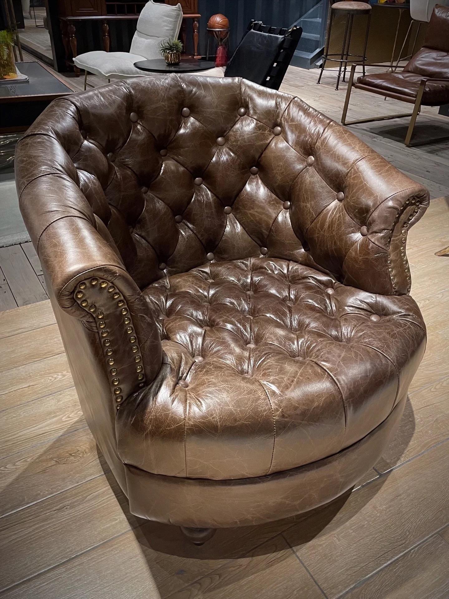 Vintage Semi Circular Wrapped Genuine Leather Chesterfield Barrel Sofa Chair