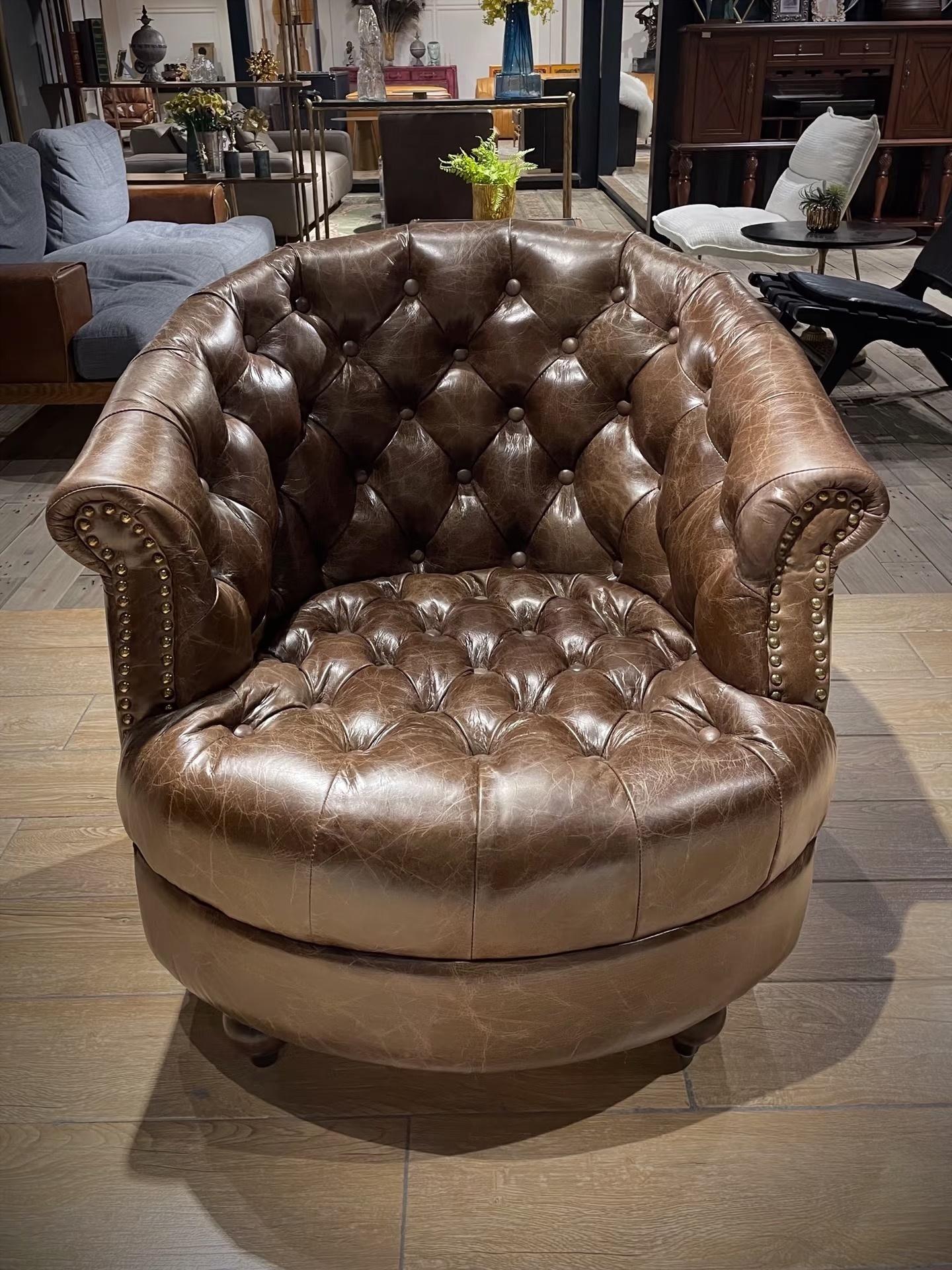 Vintage Semi Circular Wrapped Genuine Leather Chesterfield Barrel Sofa Chair