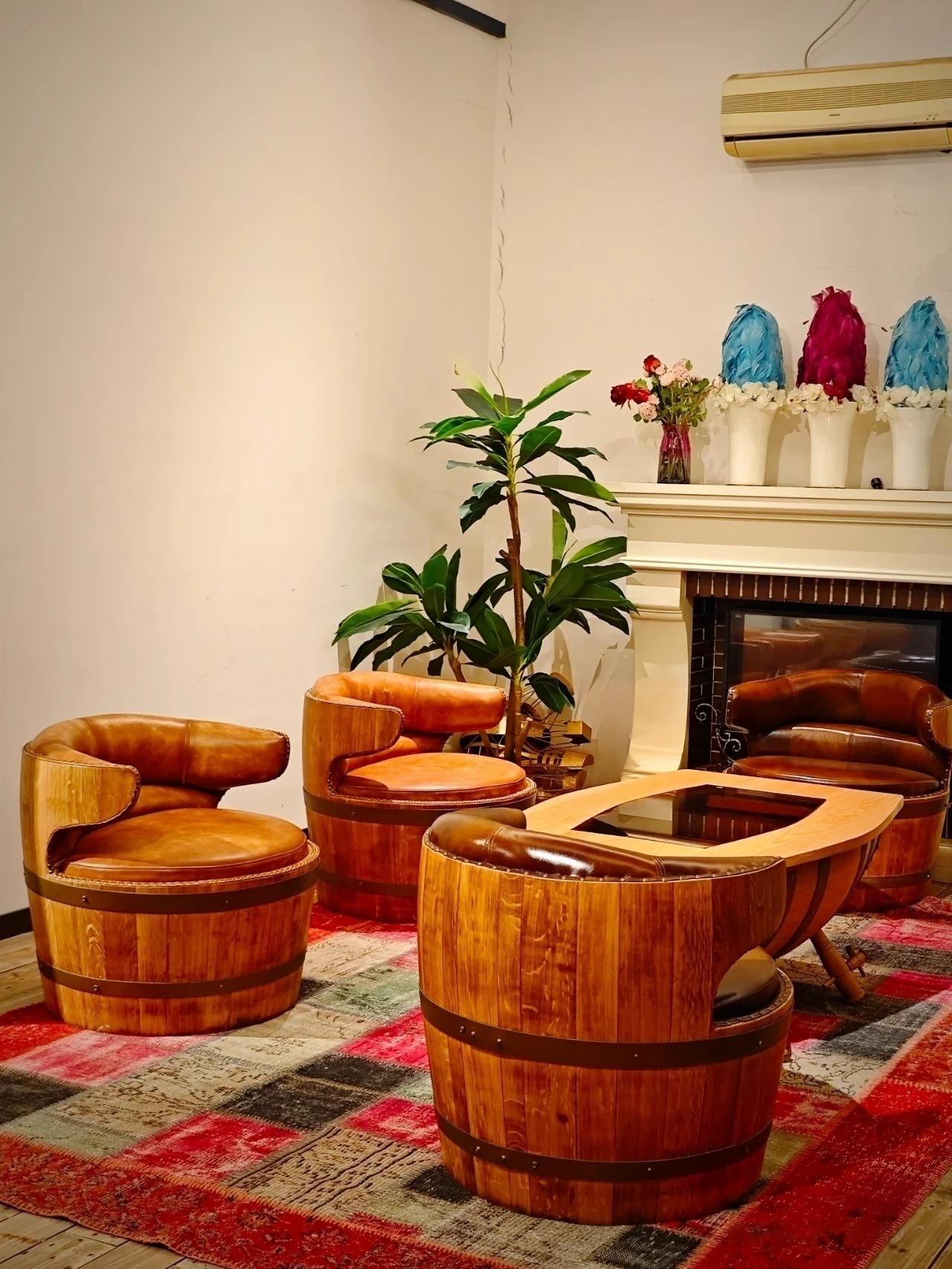 Unique Rustic Barrel Shape Leather Single Lounge Chair with Hand Crafted Wooden Base