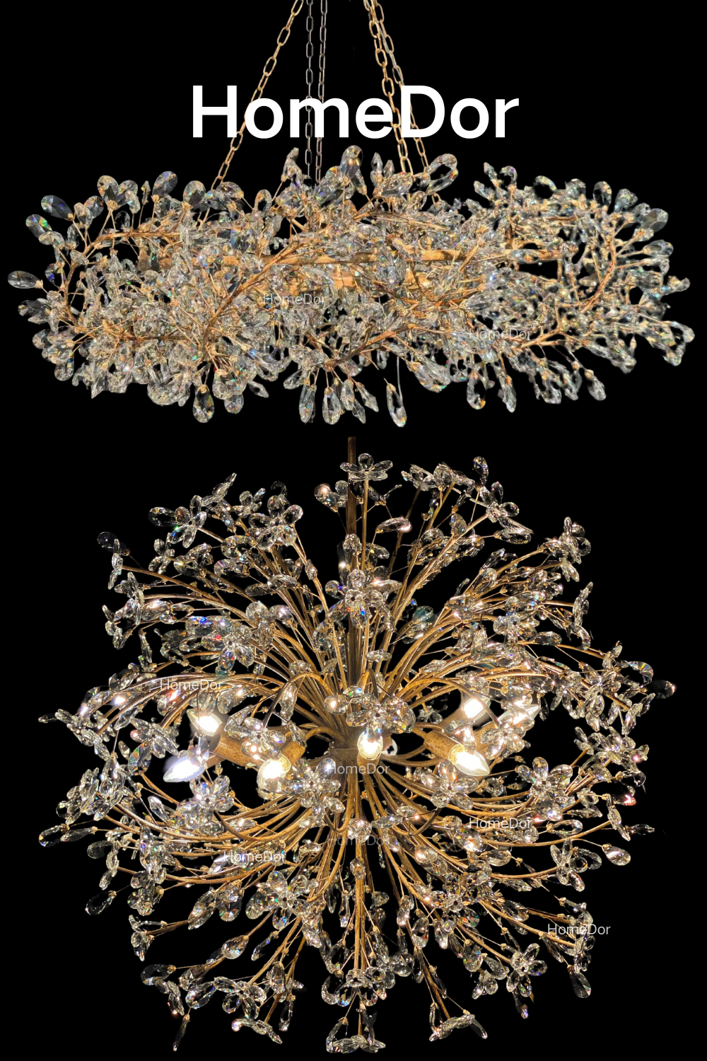 HomeDor-HomeDor Celestial Bloom Crystal Radiant Flower Branch Chandelier-Chandeliers-Antique Gold Bronze Finish-Globe shape/D89cm/47kg/8 bulbs-Warm Light