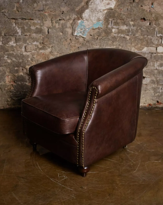 Vintage Brown Top Grain Leather Barrel Armchair with Nailhead Trim