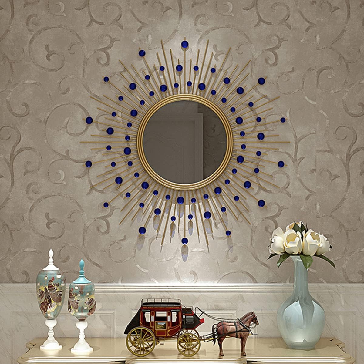 HomeDor Sunburst with Acrylic Blue Beads Wall Decor Mirror