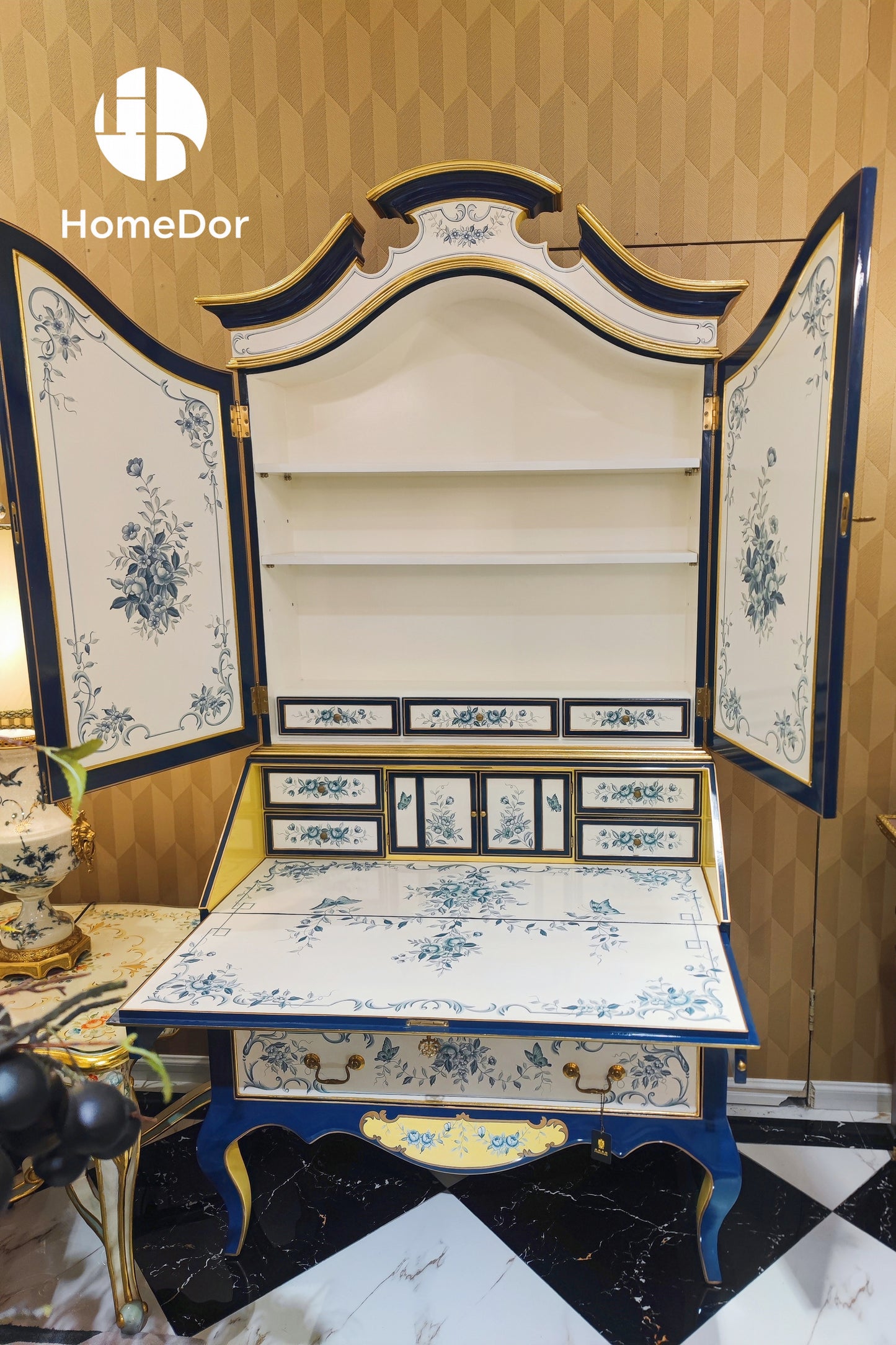 HomeDor-HomeDor × FH&Home | Sophisticated Blue-White Floral Secretary Bookcase with Gold Detailing-L107cm × W59cm × H215cm-