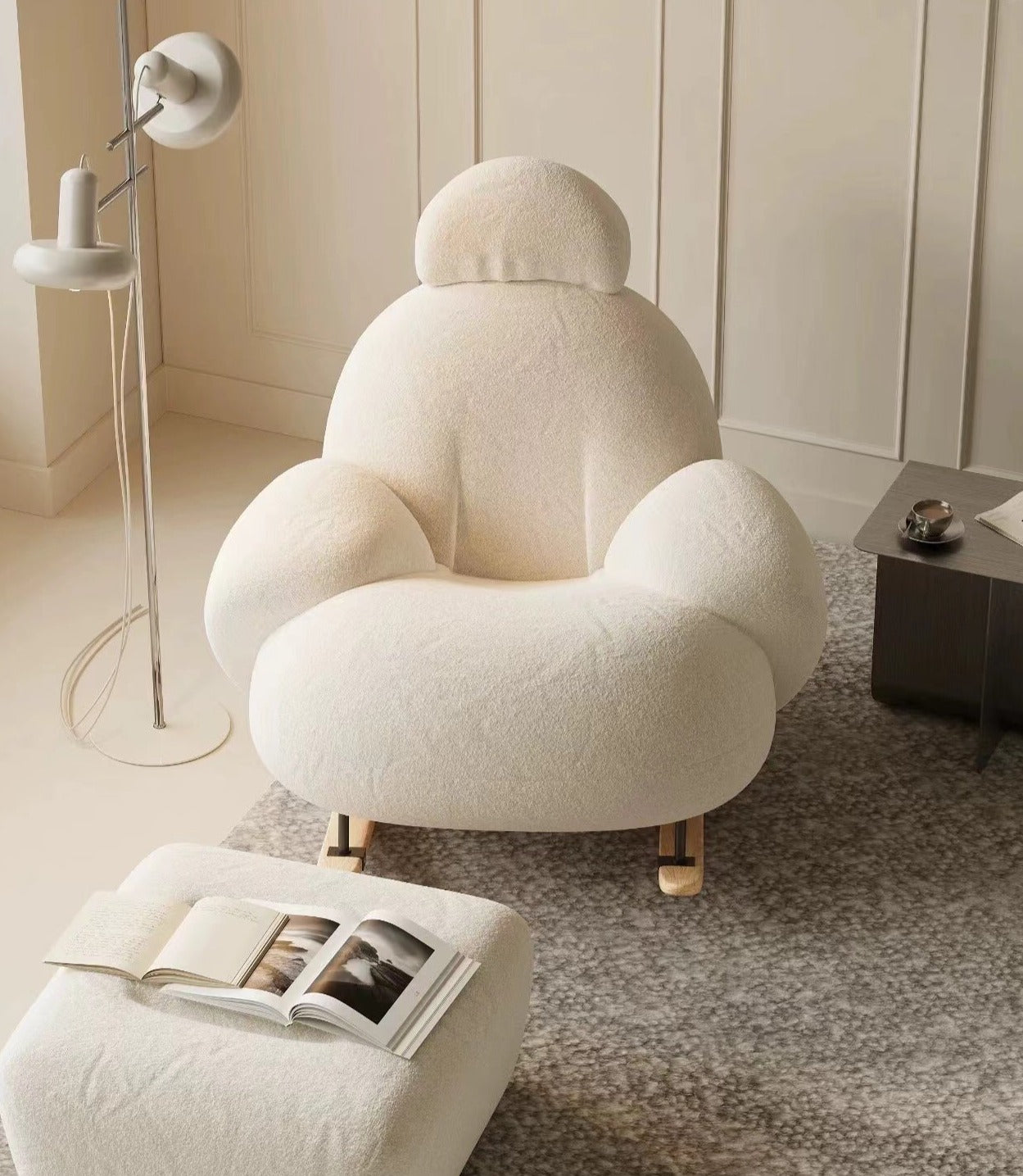 HomeDor Casual Plush Cream White Rocker Chair