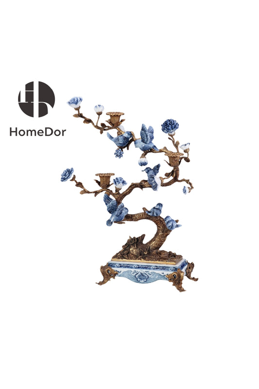 HomeDor-HomeDor × FH&Home | Blue and White Porcelain Birds Brass Tree Candle Holder-L34cm × W25cm × H53cm-