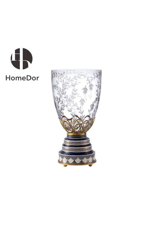 HomeDor-HomeDor × FH&Home | Prague Collection Exquisite Crystal Glass Vase with Etched Foliage-Vases & Vessels-L31cm × W31cm × H58cm-