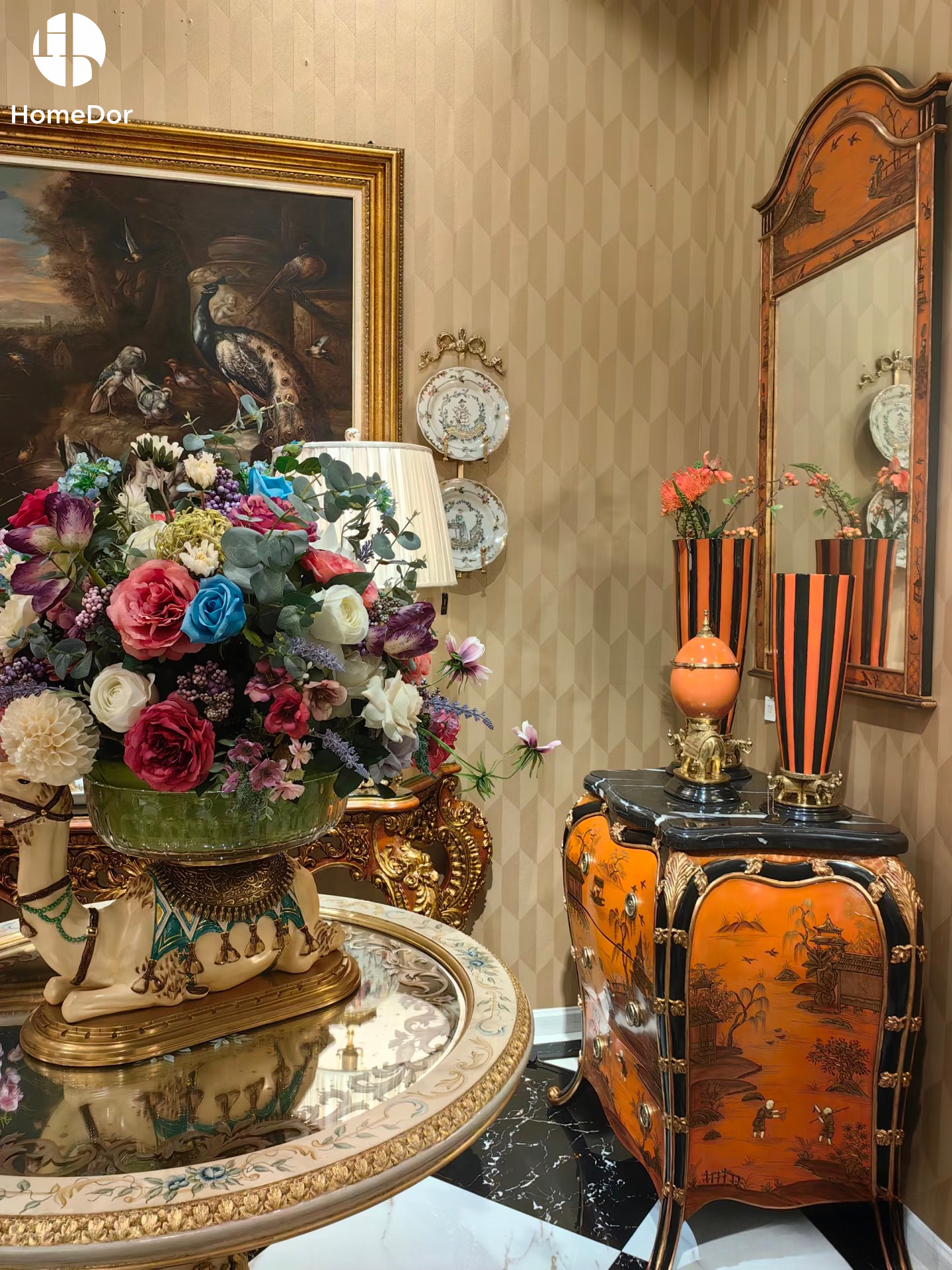 HomeDor × FH&Home | Vintage Striped Orange Black Vase with Elephant Base