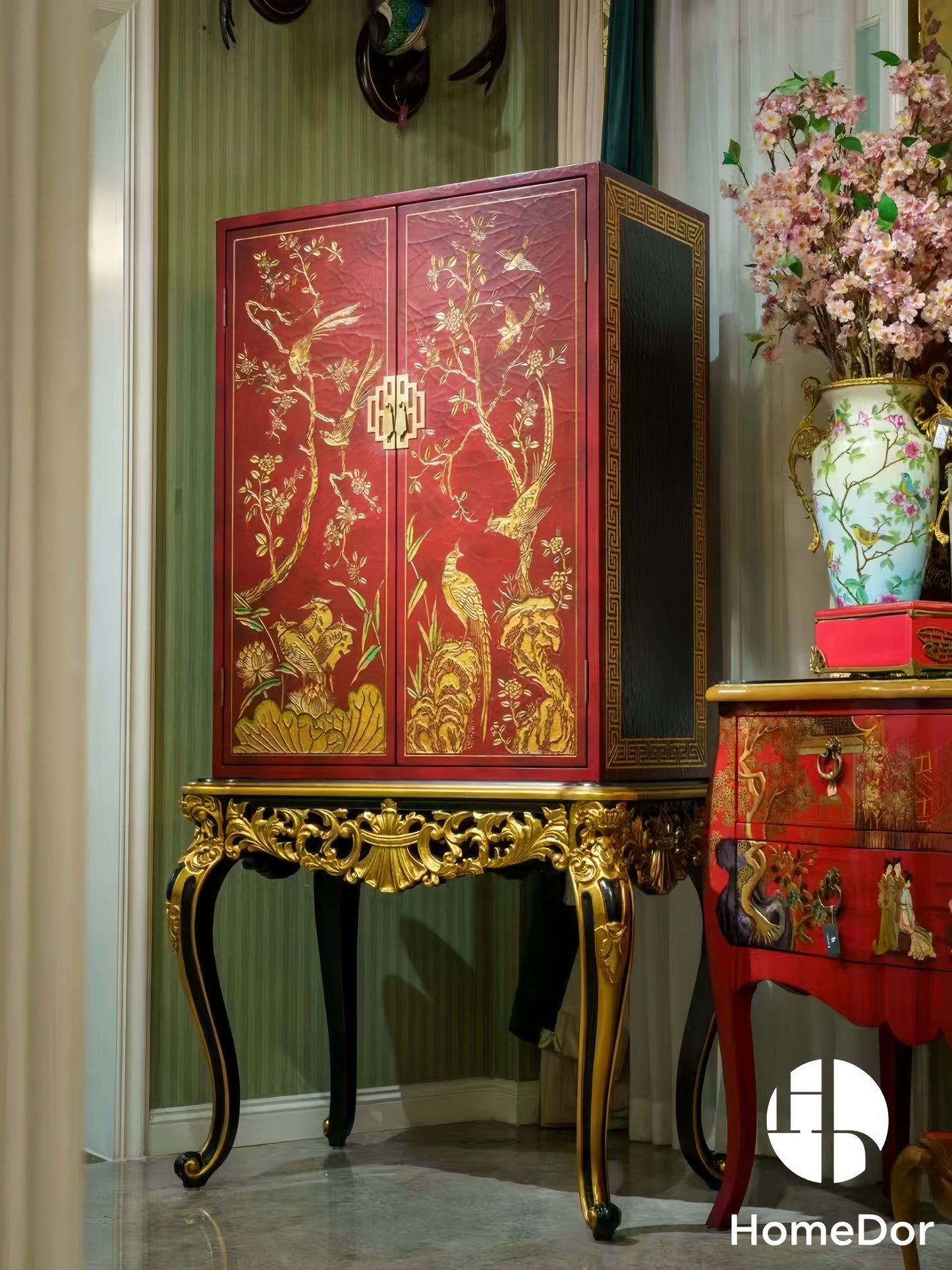 Antique Inspired Red Lacquered Floral Motifs High-Leg Wood Cabinet1