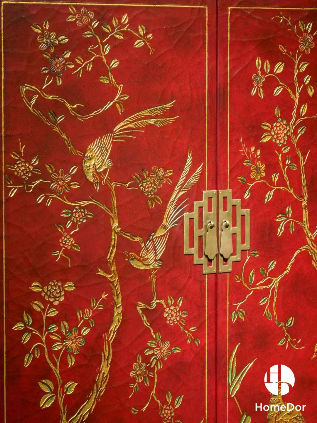 Antique Inspired Red Lacquered Floral Motifs High-Leg Wood Cabinet2