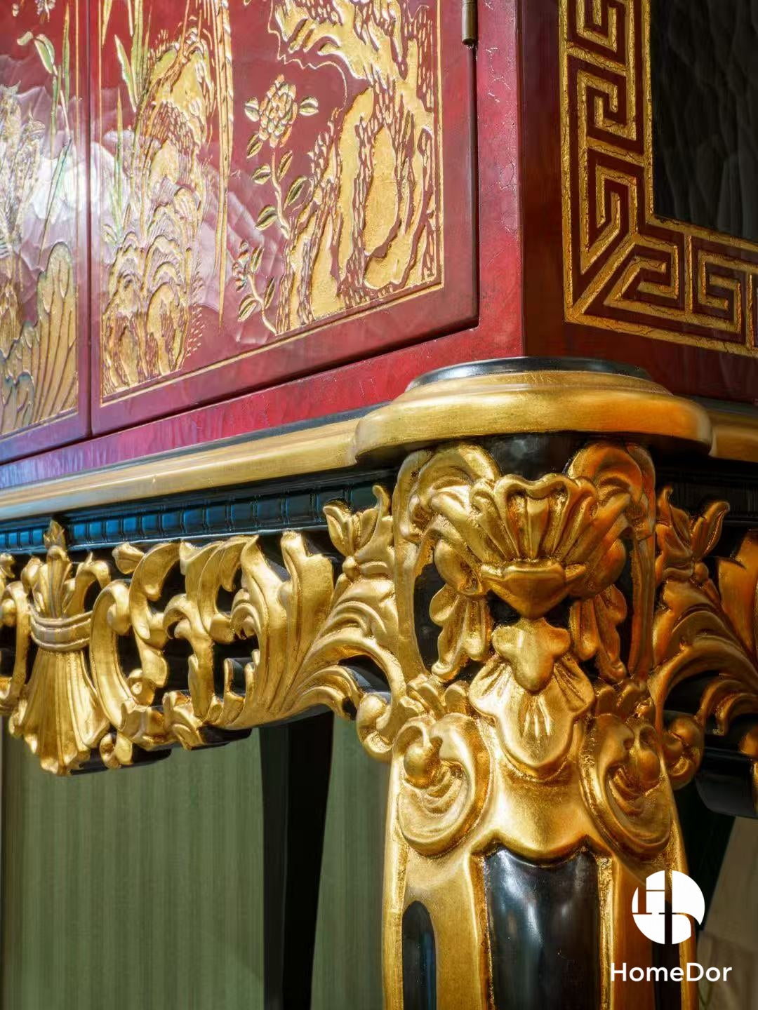 Antique Inspired Red Lacquered Floral Motifs High-Leg Wood Cabinet3