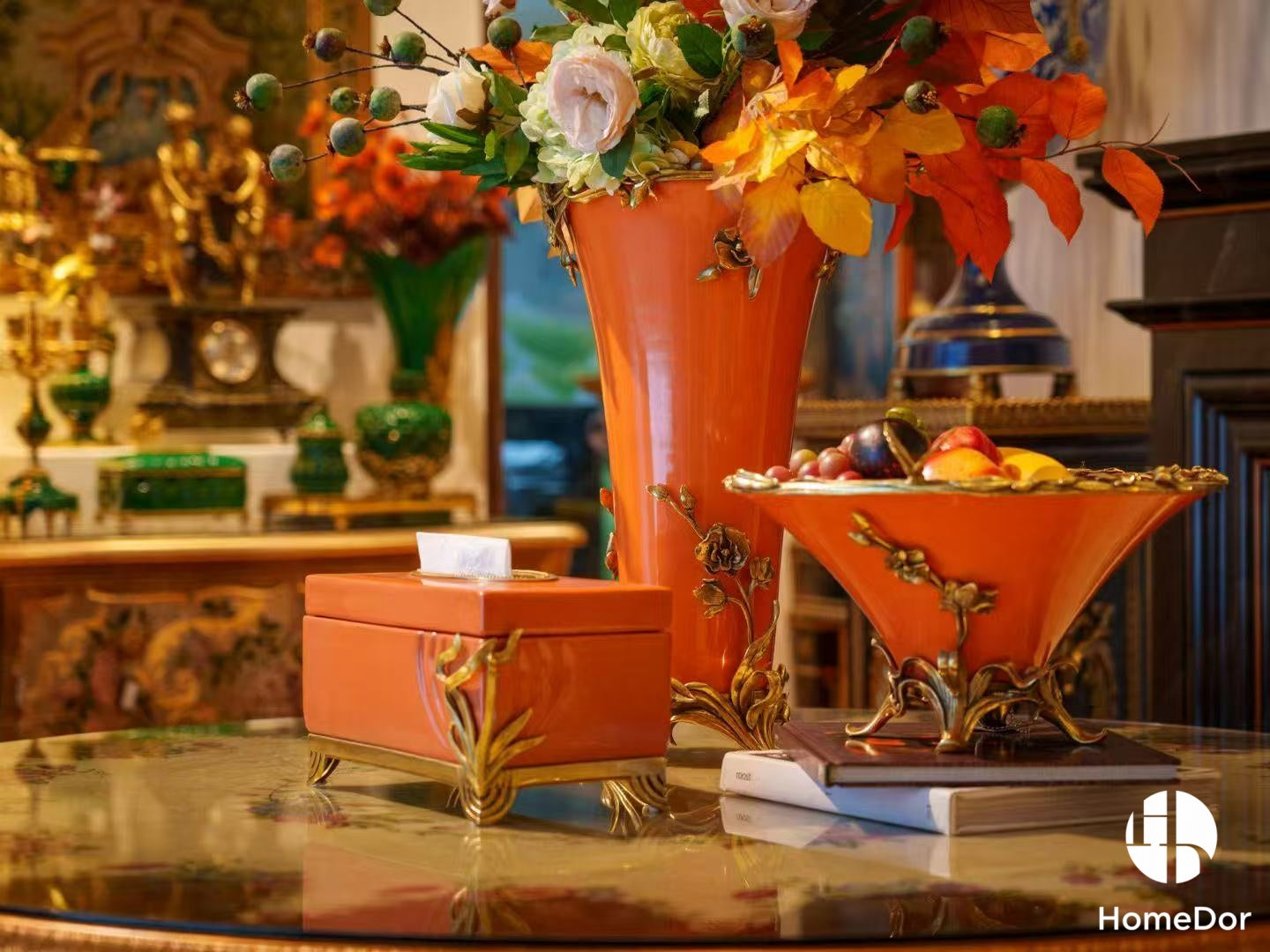 Art Nouveau Orange Porcelain Decor Set with Brass Botanical Accents1