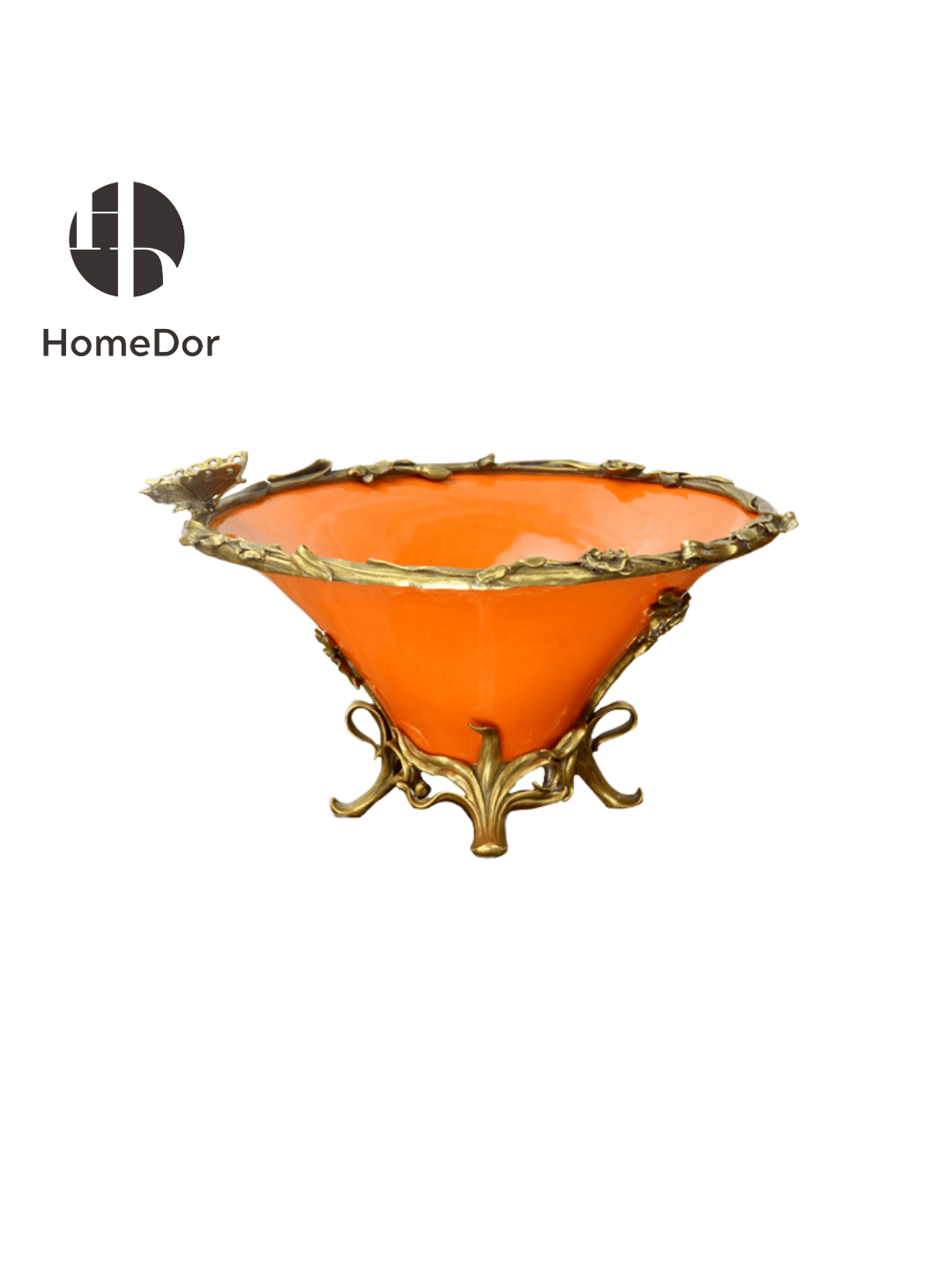 Art Nouveau Orange Porcelain Decor Set with Brass Botanical Accents10