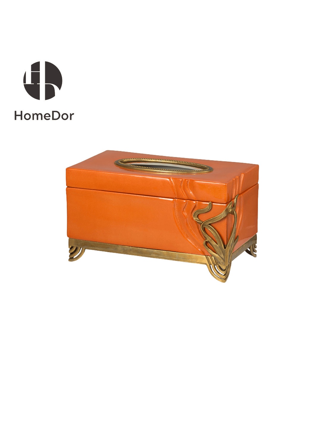 Art Nouveau Orange Porcelain Decor Set with Brass Botanical Accents11