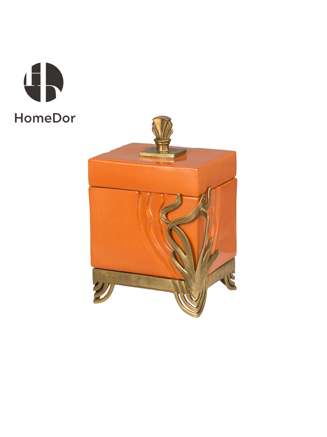 Art Nouveau Orange Porcelain Decor Set with Brass Botanical Accents12
