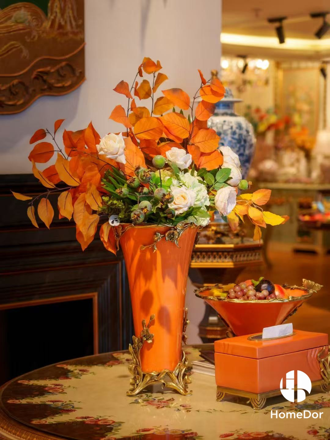 Art Nouveau Orange Porcelain Decor Set with Brass Botanical Accents2
